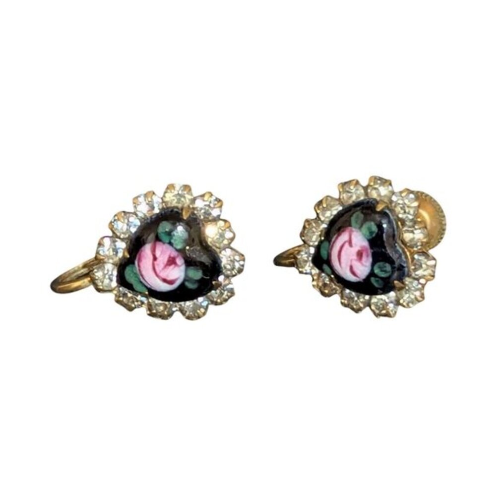 Vintage Gold Tone‎ Heart Rose Hand Painted Screw Back Earrings Rhinestone Halo